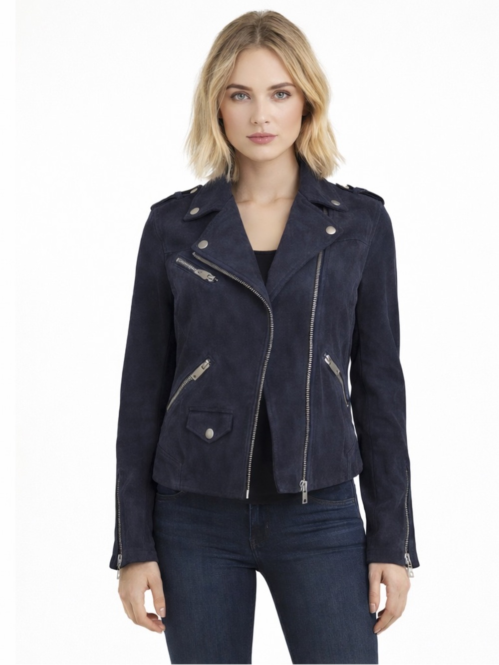 Silent New York NAVY  BLUE Suede Moto Jacket – Women’s XS New